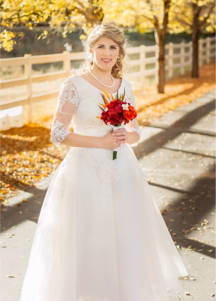 Bride Emily in custom-made wedding dress