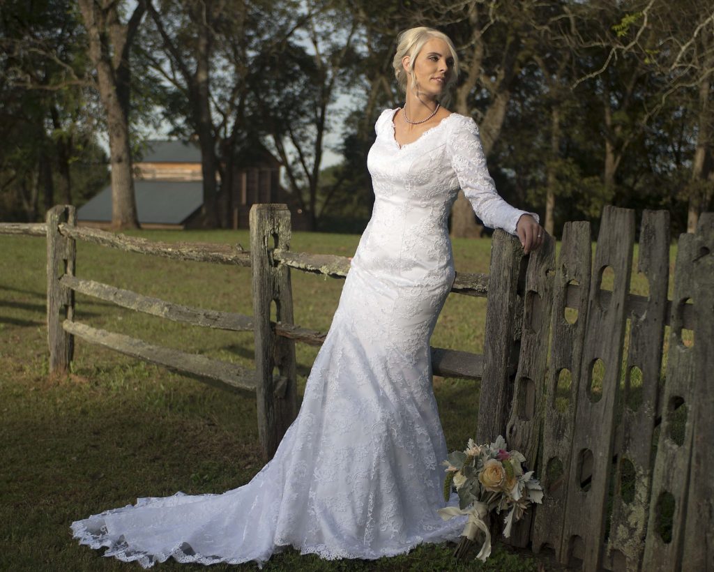 Bride Michelle in custom-made wedding dress