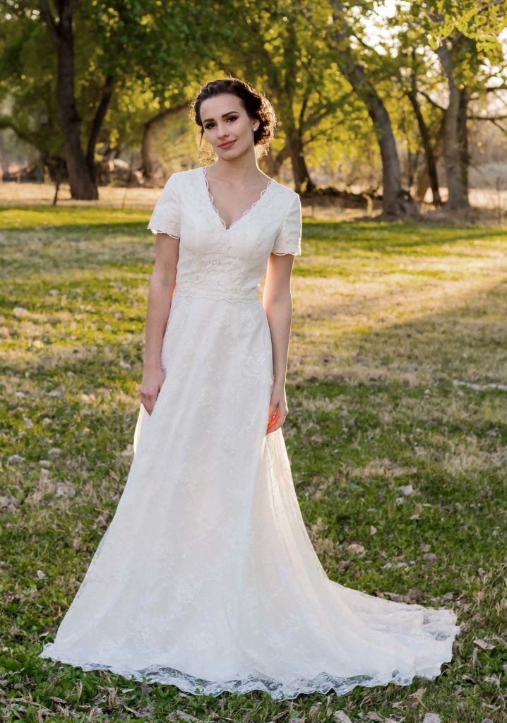 Bride Anna in Modest Affordable custom-made wedding dress