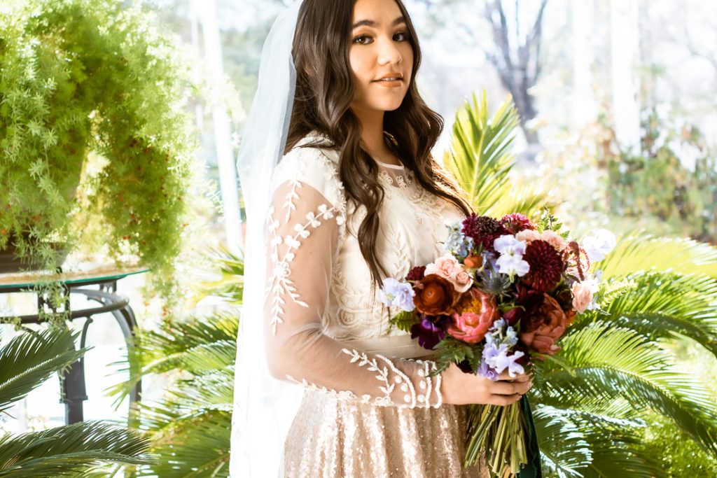 Bride wearing 2 tone ivory champagne wedding dress